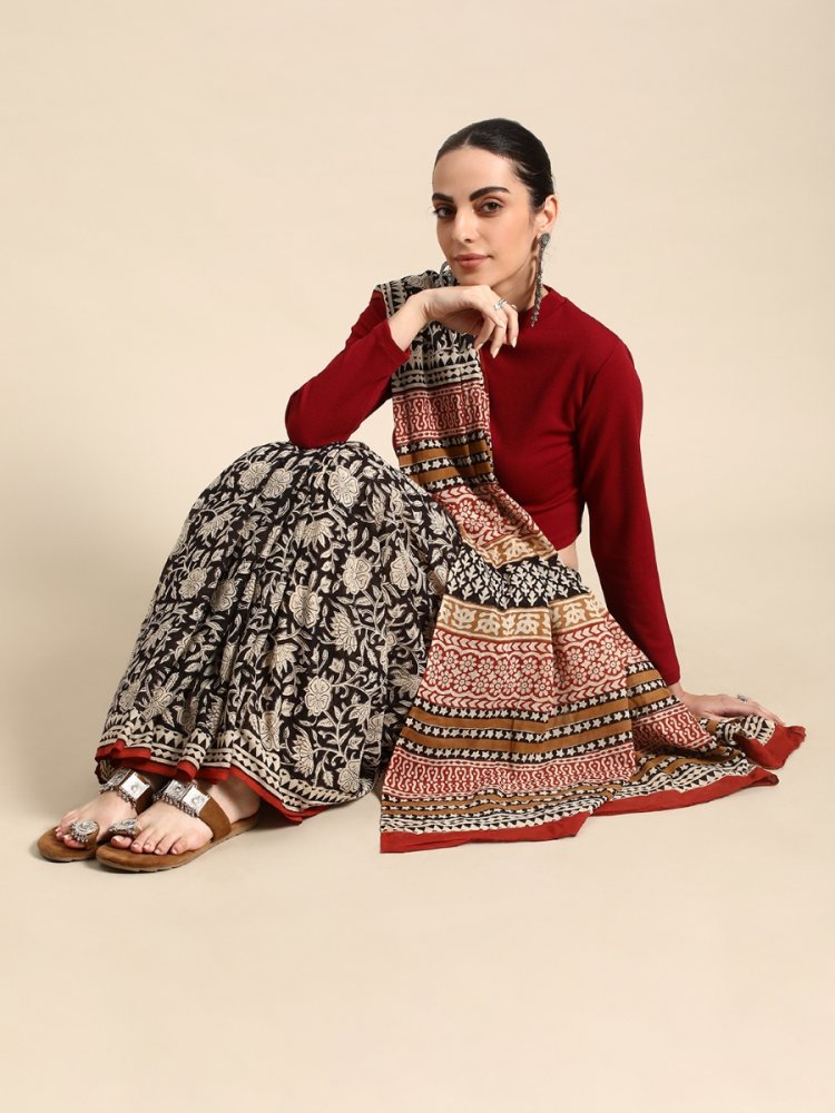 Black Cotton Printed Festival Casual Contemporary Sarees