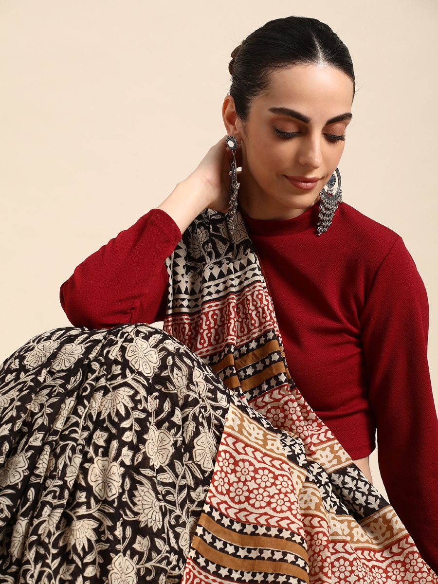 Black Cotton Printed Festival Casual Contemporary Sarees