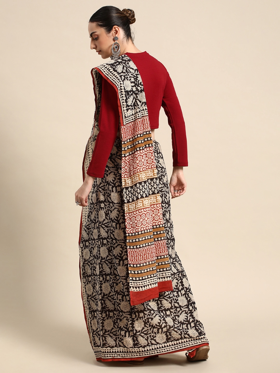 Black Cotton Printed Festival Casual Contemporary Sarees