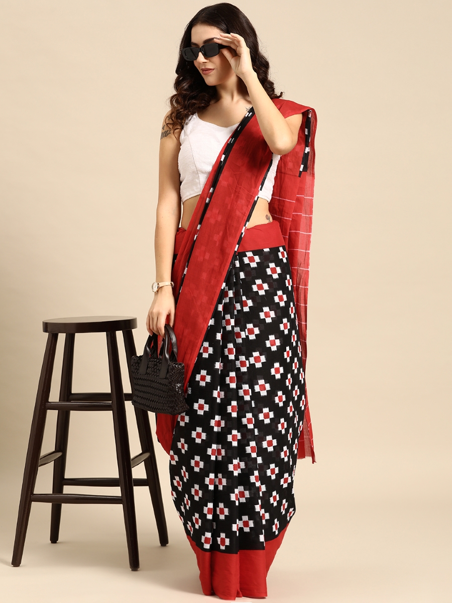 Black Cotton Printed Festival Casual Contemporary Sarees