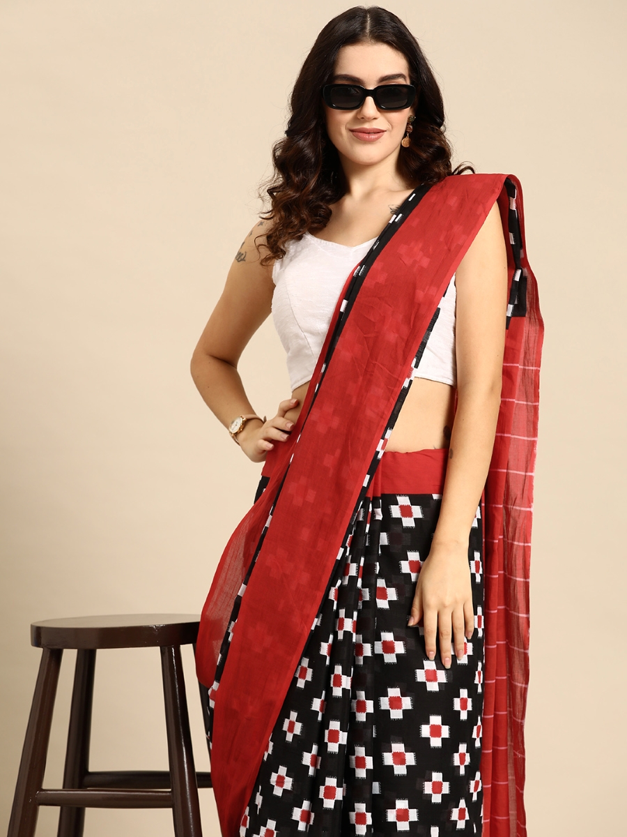 Black Cotton Printed Festival Casual Contemporary Sarees