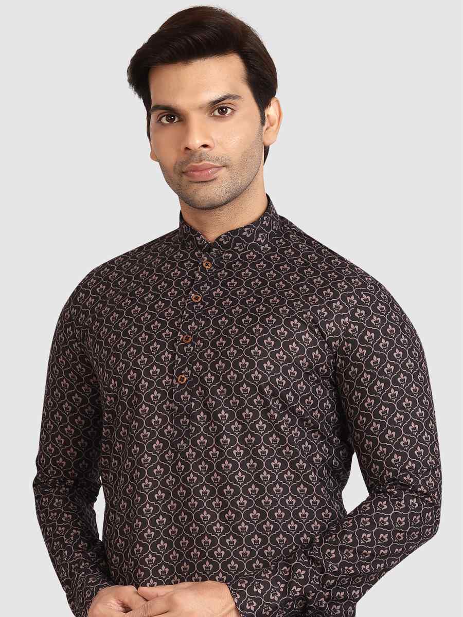 Black Cotton Printed Festival Casual Kurta