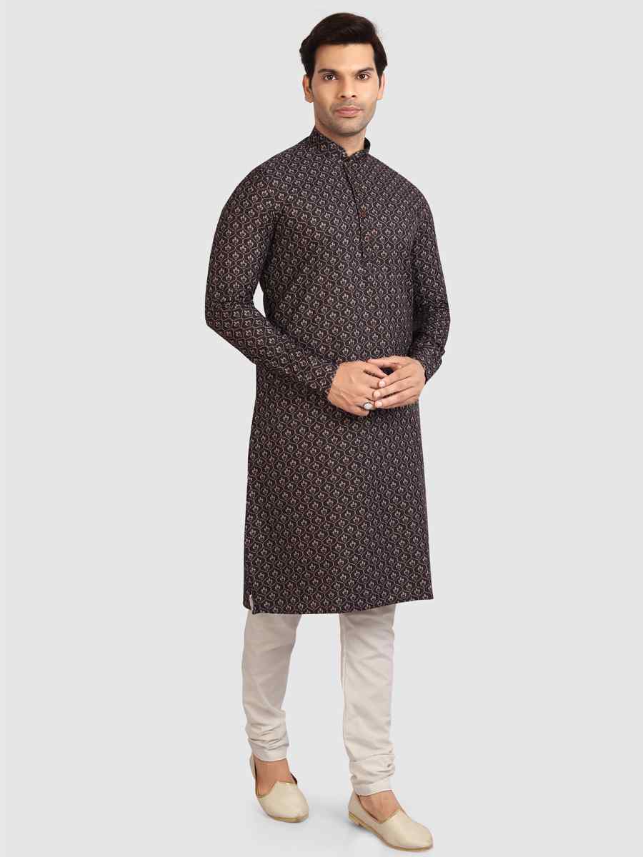 Black Cotton Printed Festival Casual Kurta