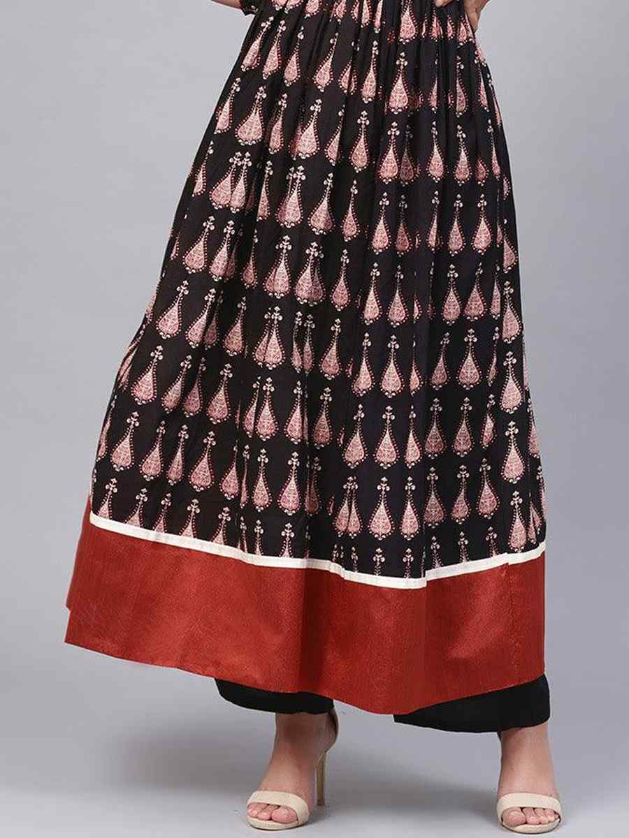 Black Cotton Printed Festival Casual Kurti