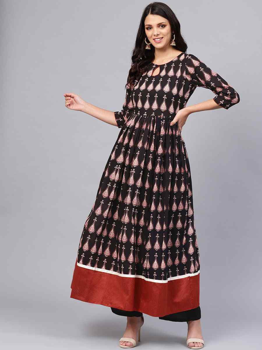 Black Cotton Printed Festival Casual Kurti
