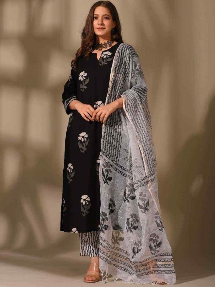 Black Cotton Printed Festival Casual Ready Pant Salwar Kameez