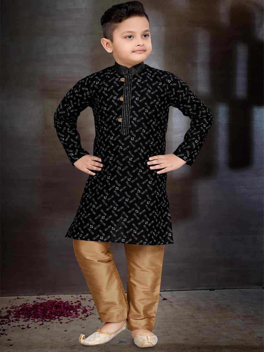 Black Cotton Printed Festival Traditional Kurta Pyjama Boys Wear