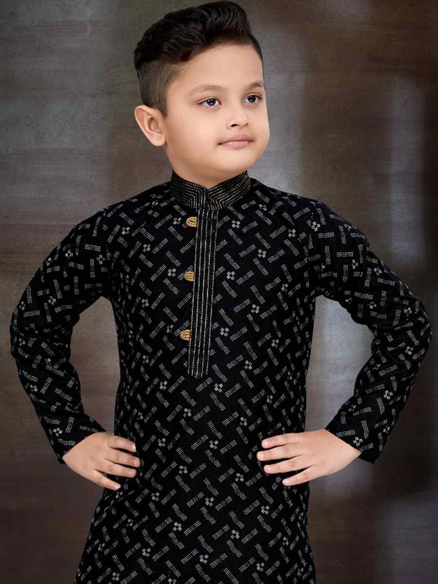 Black Cotton Printed Festival Traditional Kurta Pyjama Boys Wear