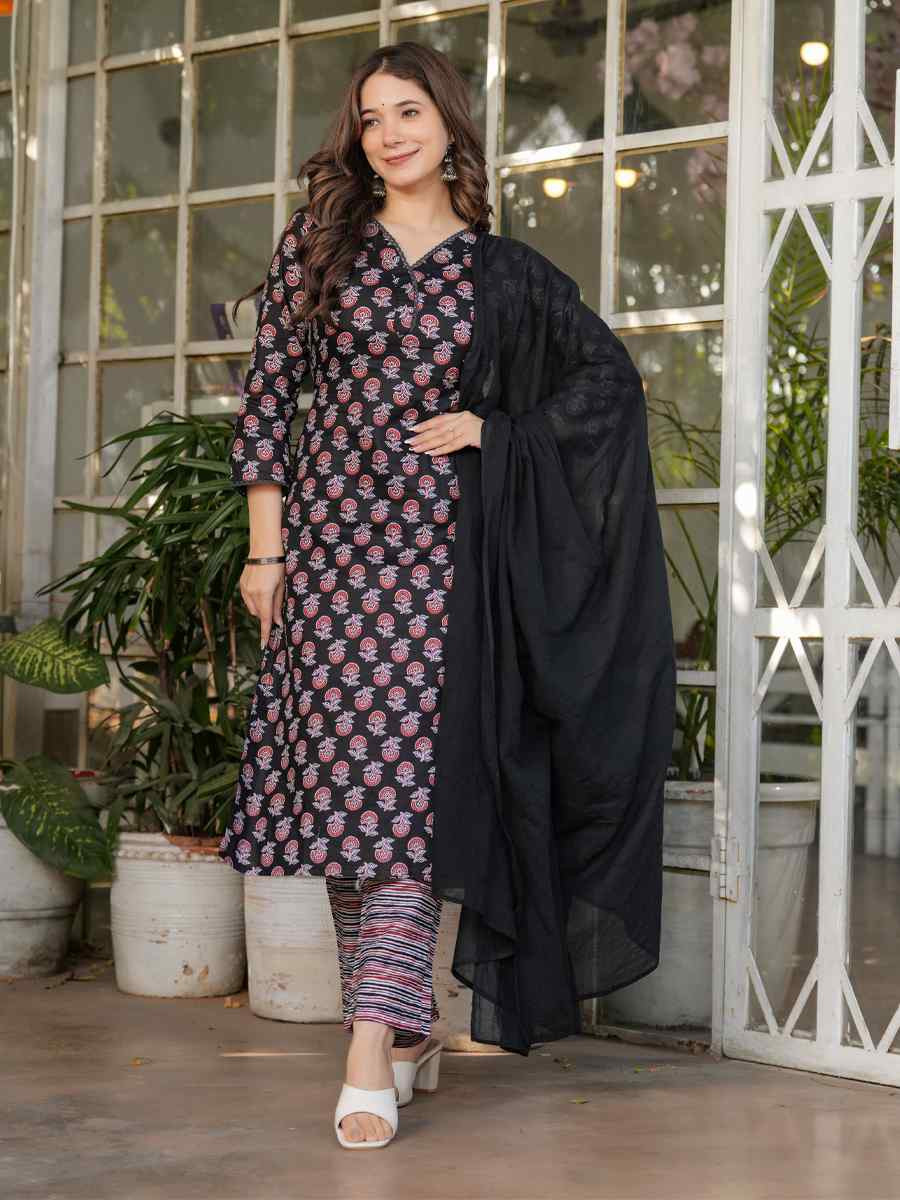 Black Cotton Printed Party Casual Ready Pant Salwar Kameez