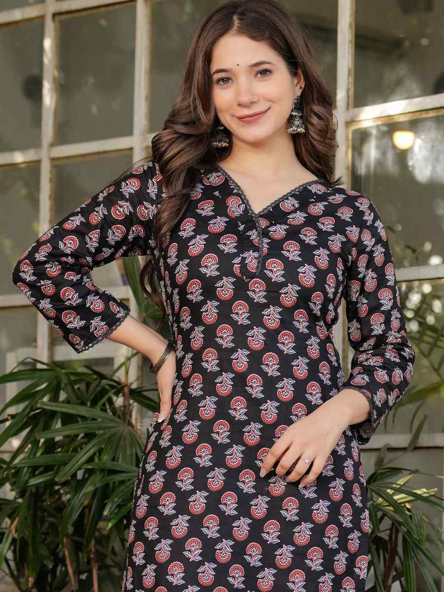 Black Cotton Printed Party Casual Ready Pant Salwar Kameez