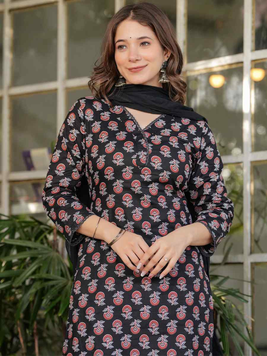 Black Cotton Printed Party Casual Ready Pant Salwar Kameez