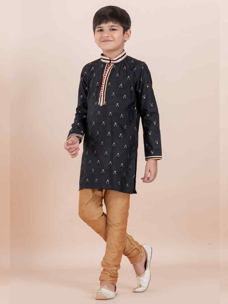 Black Cotton Self Jacquard Embroidered Festival Traditional Kurta Pyjama Boys Wear