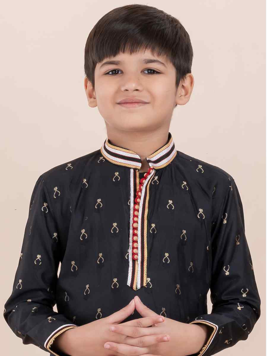 Black Cotton Self Jacquard Embroidered Festival Traditional Kurta Pyjama Boys Wear