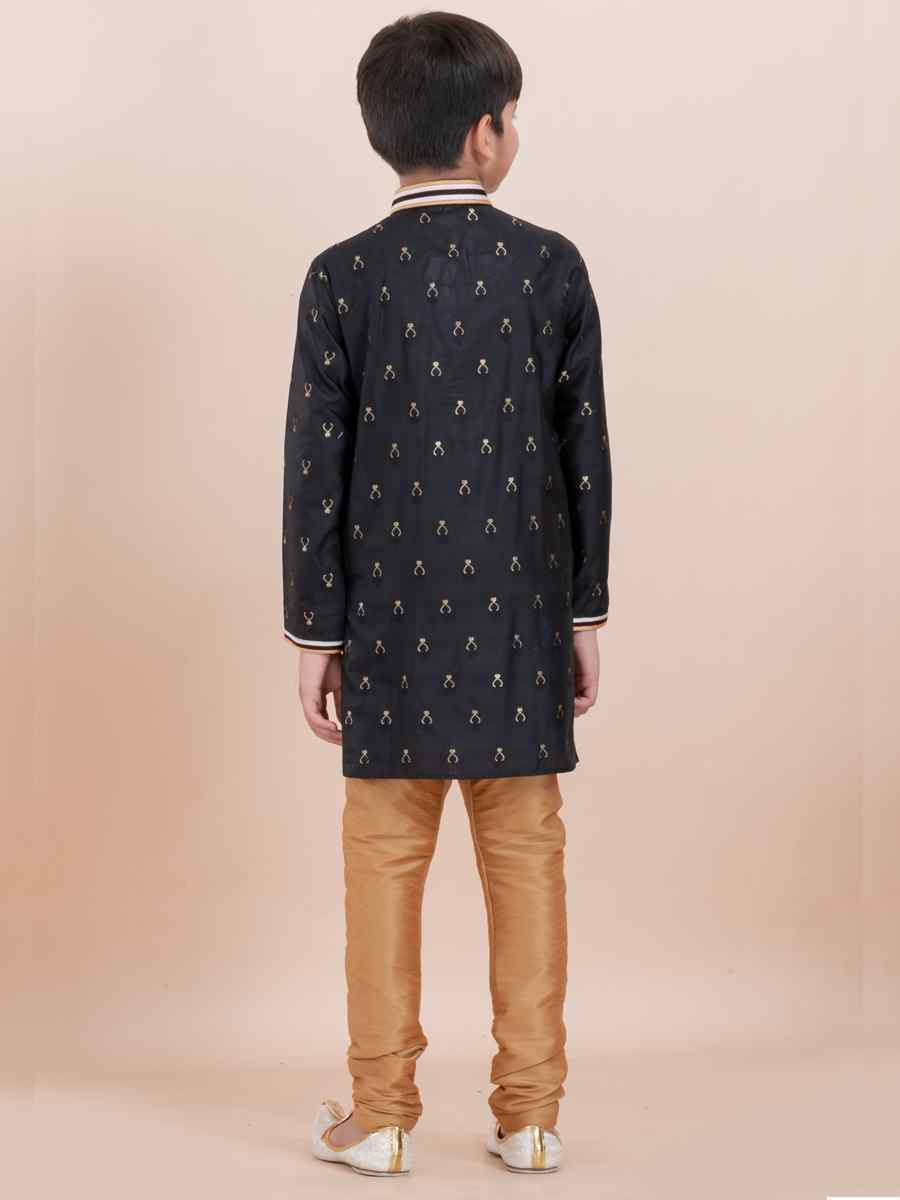 Black Cotton Self Jacquard Embroidered Festival Traditional Kurta Pyjama Boys Wear