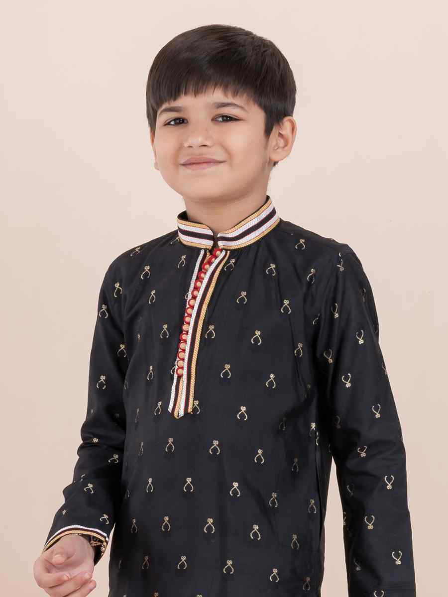 Black Cotton Self Jacquard Embroidered Festival Traditional Kurta Pyjama Boys Wear