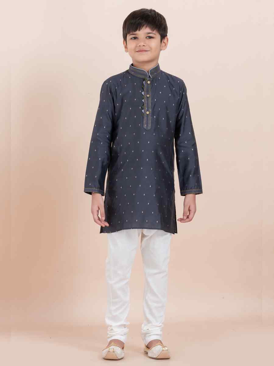 Black Cotton Self Jacquard Embroidered Festival Traditional Kurta Pyjama Boys Wear
