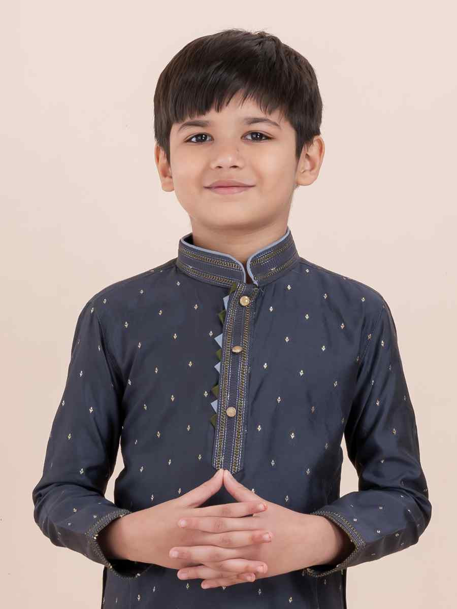 Black Cotton Self Jacquard Embroidered Festival Traditional Kurta Pyjama Boys Wear