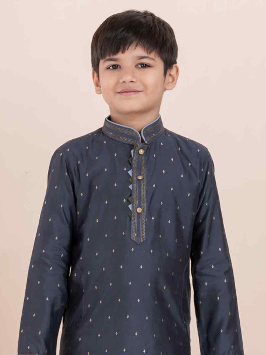 Black Cotton Self Jacquard Embroidered Festival Traditional Kurta Pyjama Boys Wear