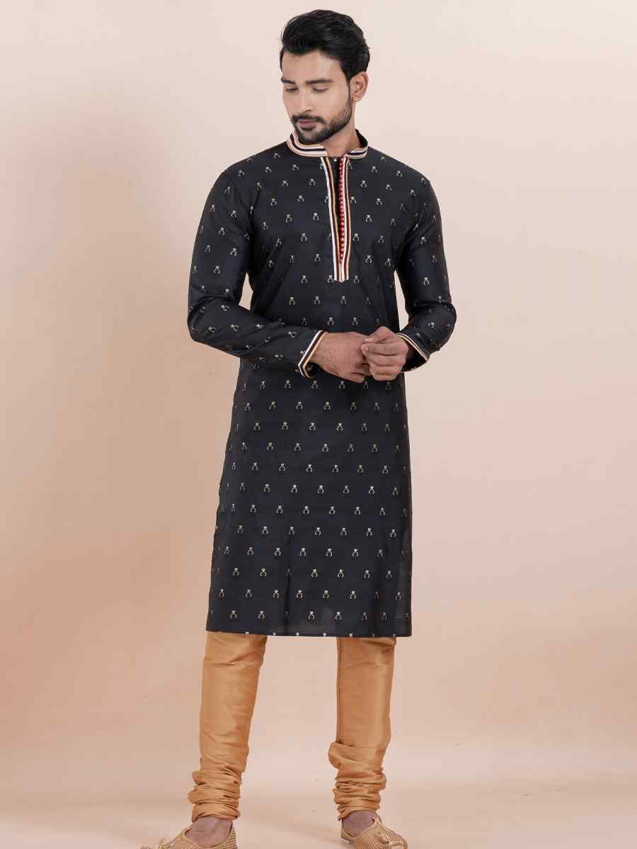 Black Cotton Silk Jacquard Embroidered Festival Wedding Kurta Pyjama Men039s Wear