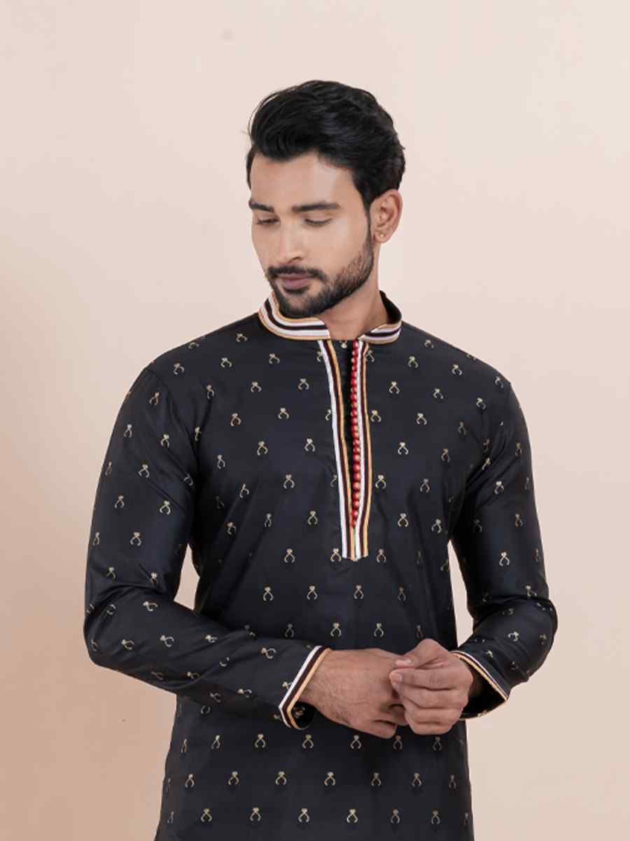 Black Cotton Silk Jacquard Embroidered Festival Wedding Kurta Pyjama Men039s Wear