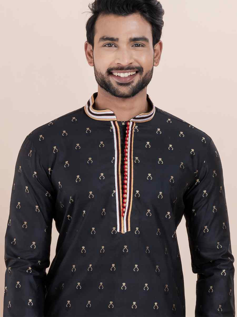 Black Cotton Silk Jacquard Embroidered Festival Wedding Kurta Pyjama Men039s Wear