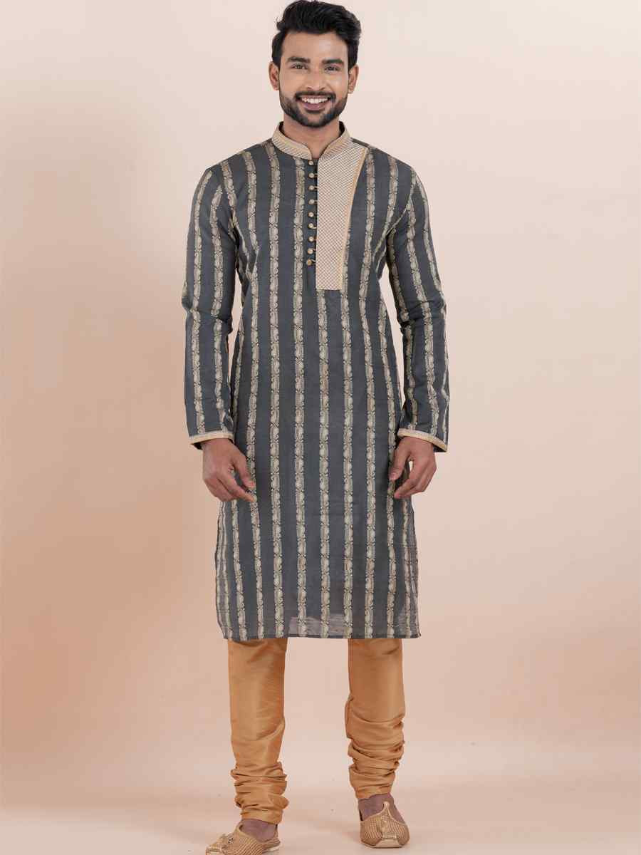 Black Cotton Silk Jacquard Embroidered Festival Wedding Kurta Pyjama Men039s Wear