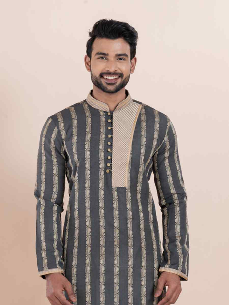 Black Cotton Silk Jacquard Embroidered Festival Wedding Kurta Pyjama Men039s Wear