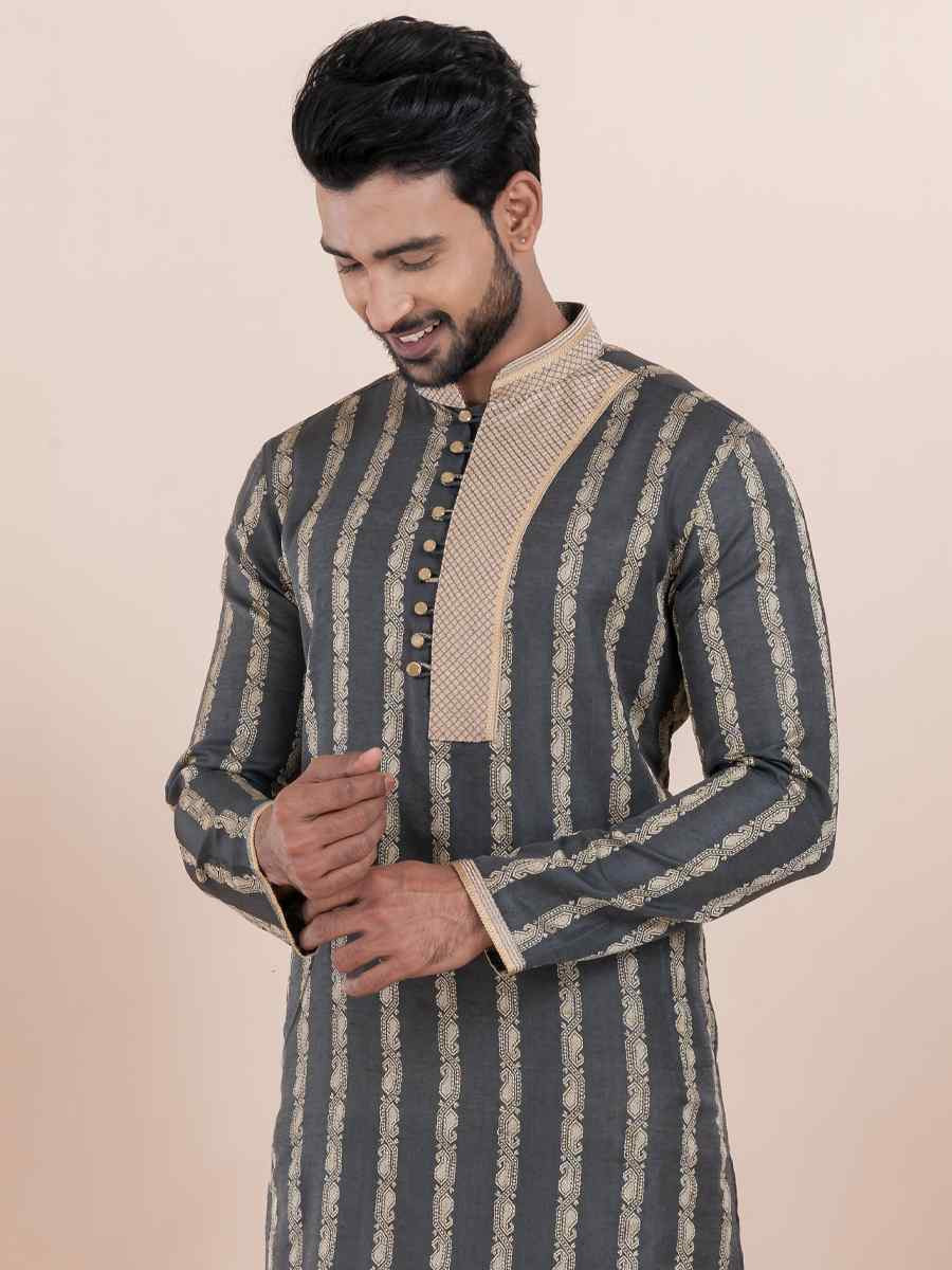 Black Cotton Silk Jacquard Embroidered Festival Wedding Kurta Pyjama Men039s Wear