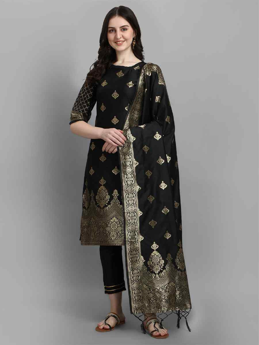 Black Cotton Silk Jacquard Handwoven Party Wedding Festival Casual Ready Pant Salwar Kameez