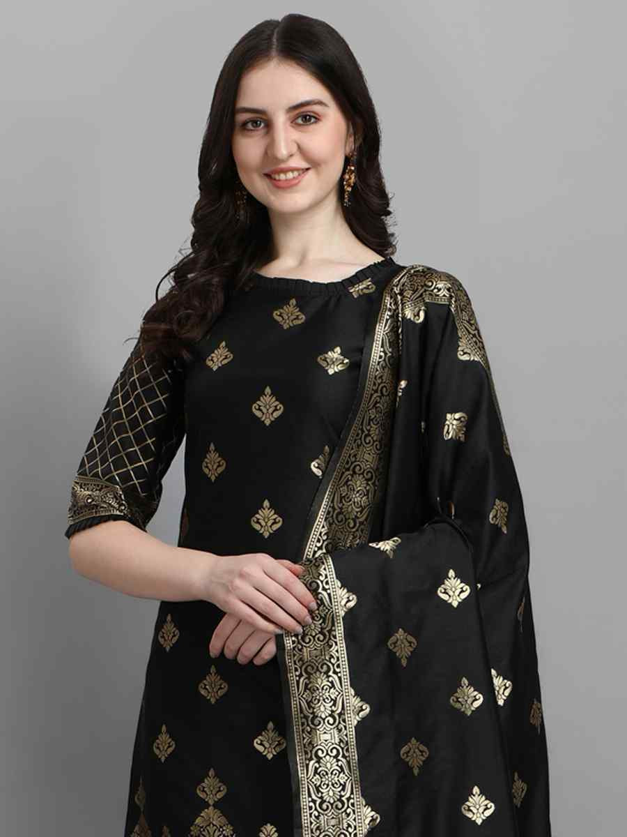 Black Cotton Silk Jacquard Handwoven Party Wedding Festival Casual Ready Pant Salwar Kameez
