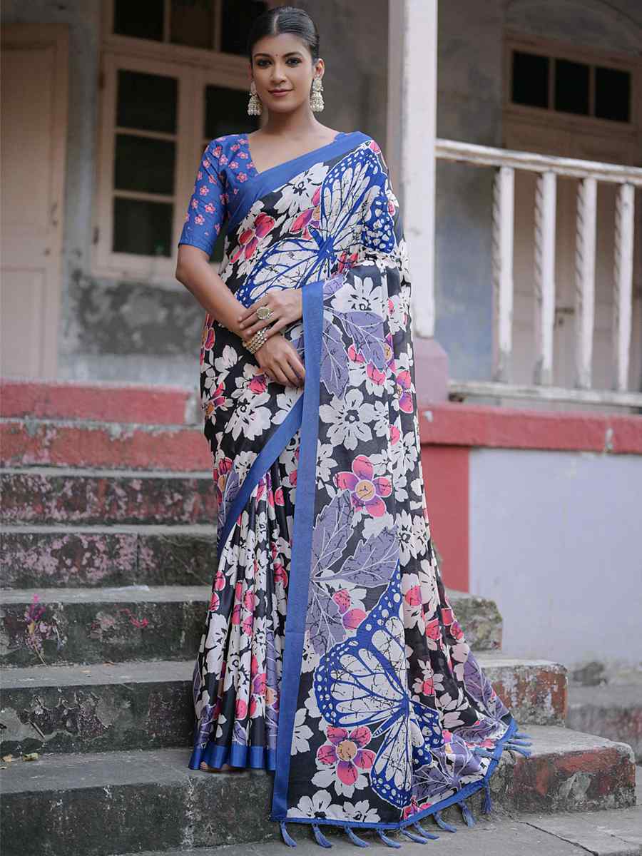 Black Cotton Silk Printed Casual Festival Contemporary Saree