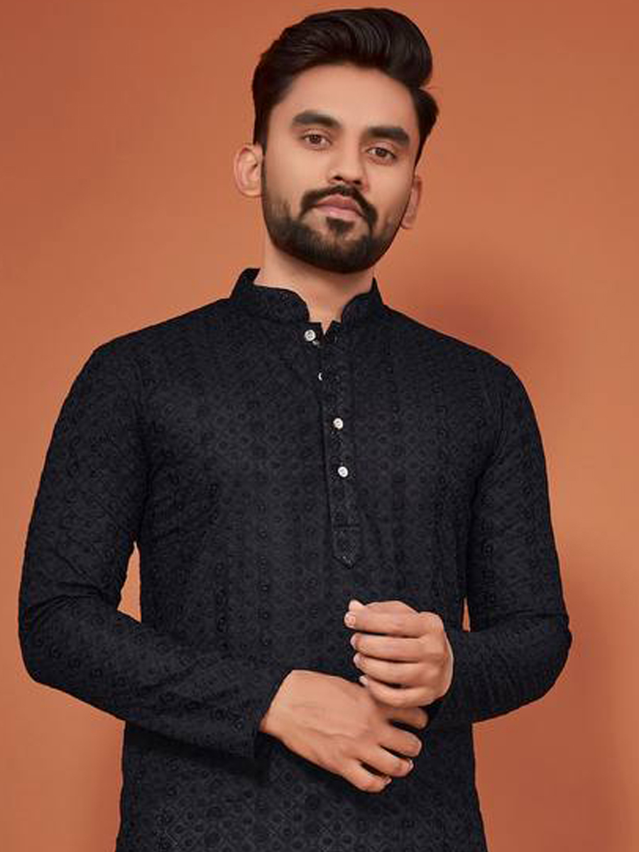 Black Cotton Woven Festival Mehendi Kurta