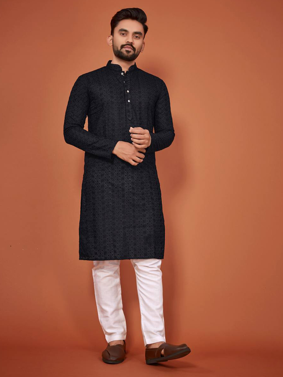 Black Cotton Woven Festival Mehendi Kurta