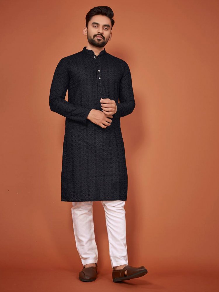 Black Cotton Woven Festival Mehendi Kurta