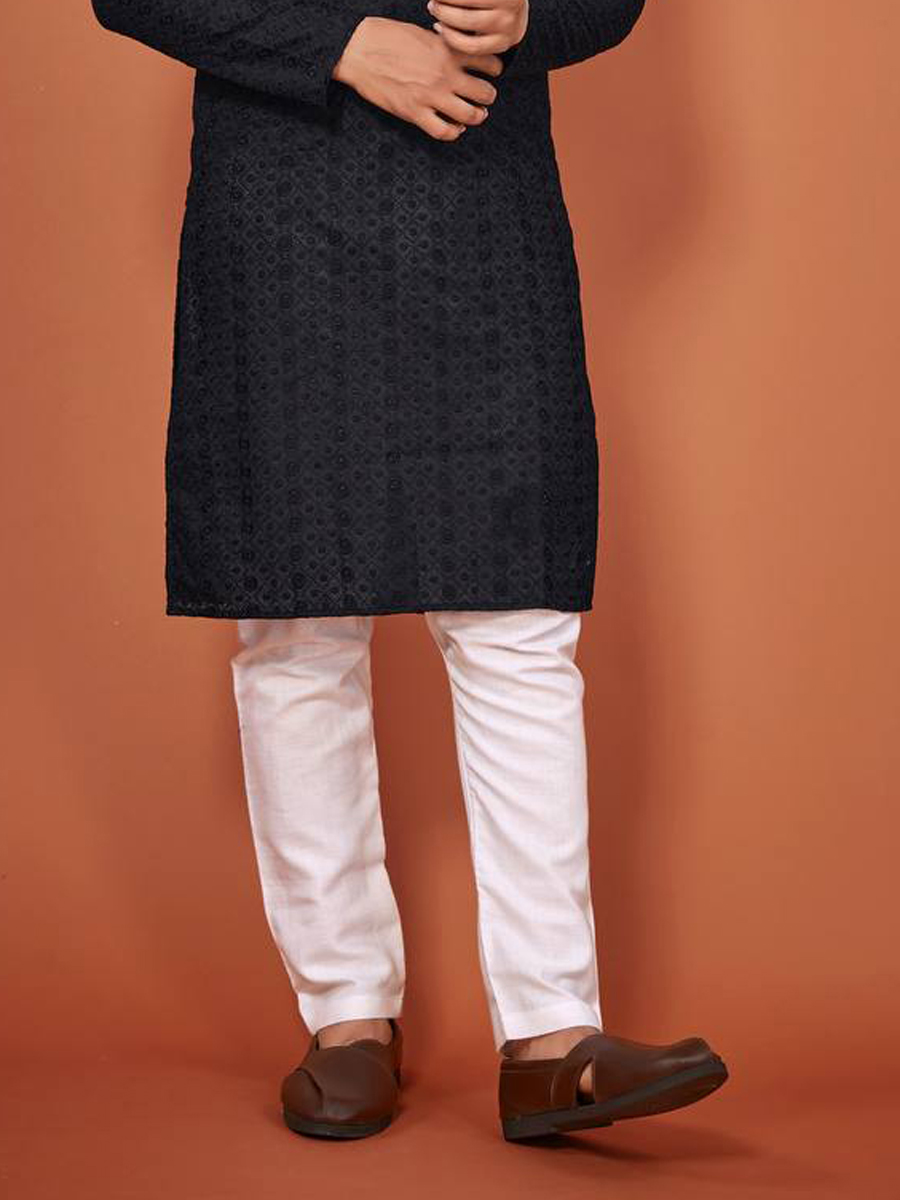 Black Cotton Woven Festival Mehendi Kurta