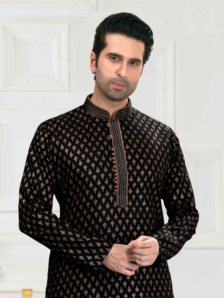 Black Cotton Woven Festival Wedding Kurta