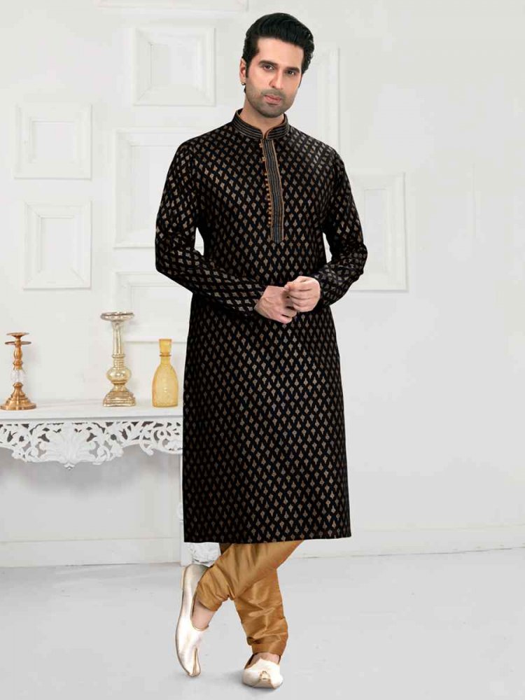 Black Cotton Woven Festival Wedding Kurta