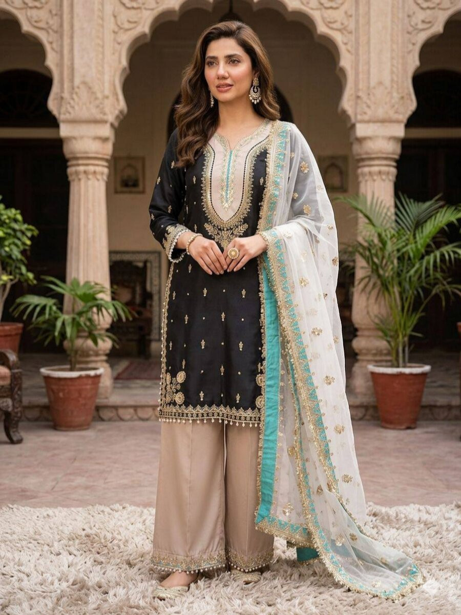 Black Crape Silk Embroidery Sequins Wedding Party Festival Casual Ready Palazzo Pant Salwar Kameez