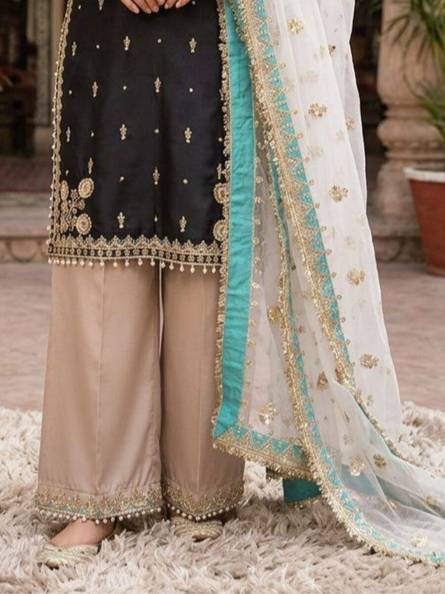 Black Crape Silk Embroidery Sequins Wedding Party Festival Casual Ready Palazzo Pant Salwar Kameez