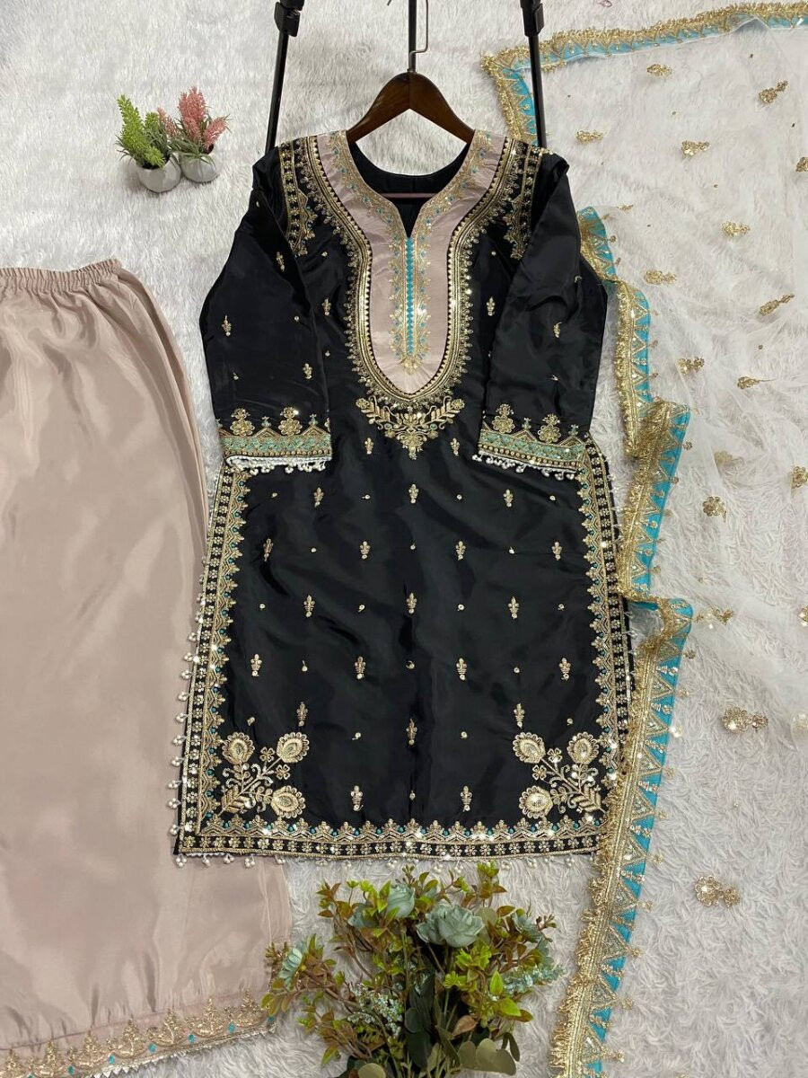 Black Crape Silk Embroidery Sequins Wedding Party Festival Casual Ready Palazzo Pant Salwar Kameez