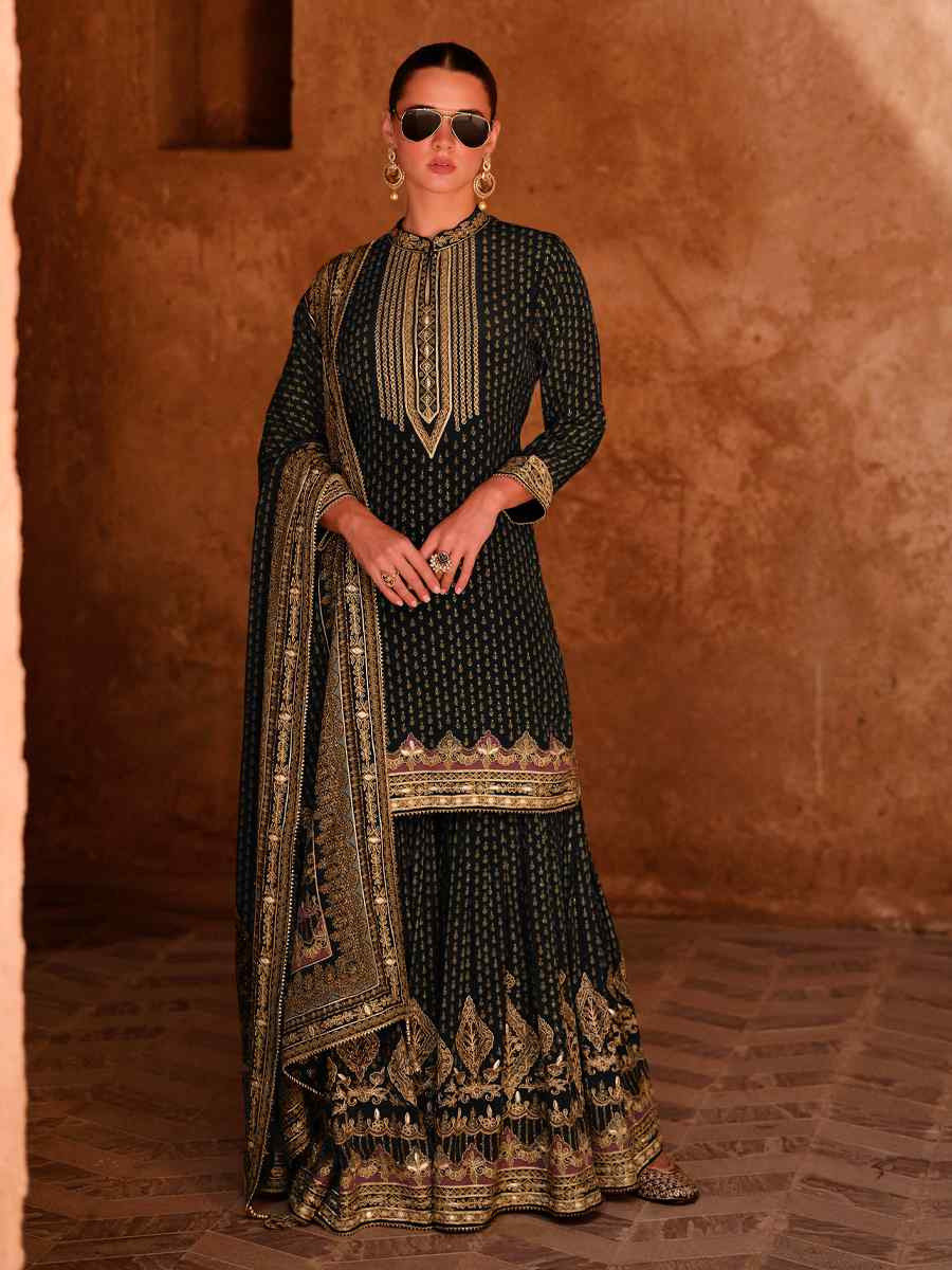 Black Crepe Embroidered Party Wedding Ready Sharara Pant Salwar Kameez