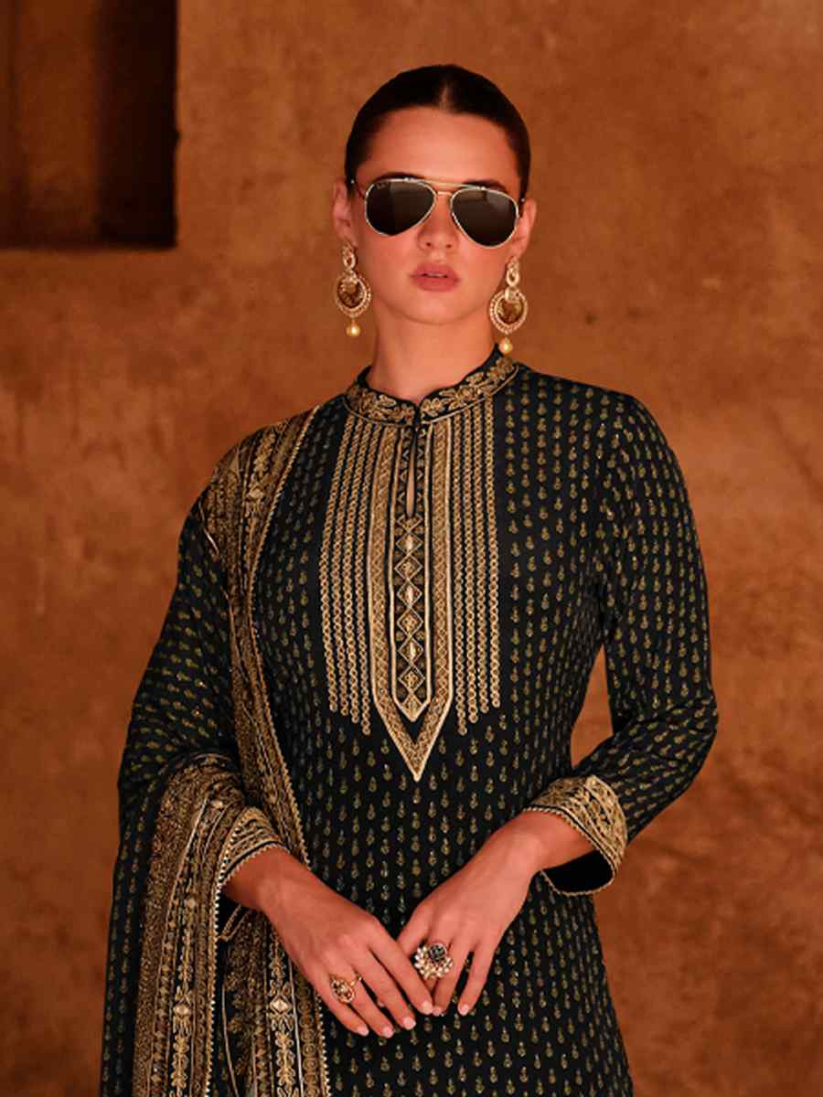 Black Crepe Embroidered Party Wedding Ready Sharara Pant Salwar Kameez