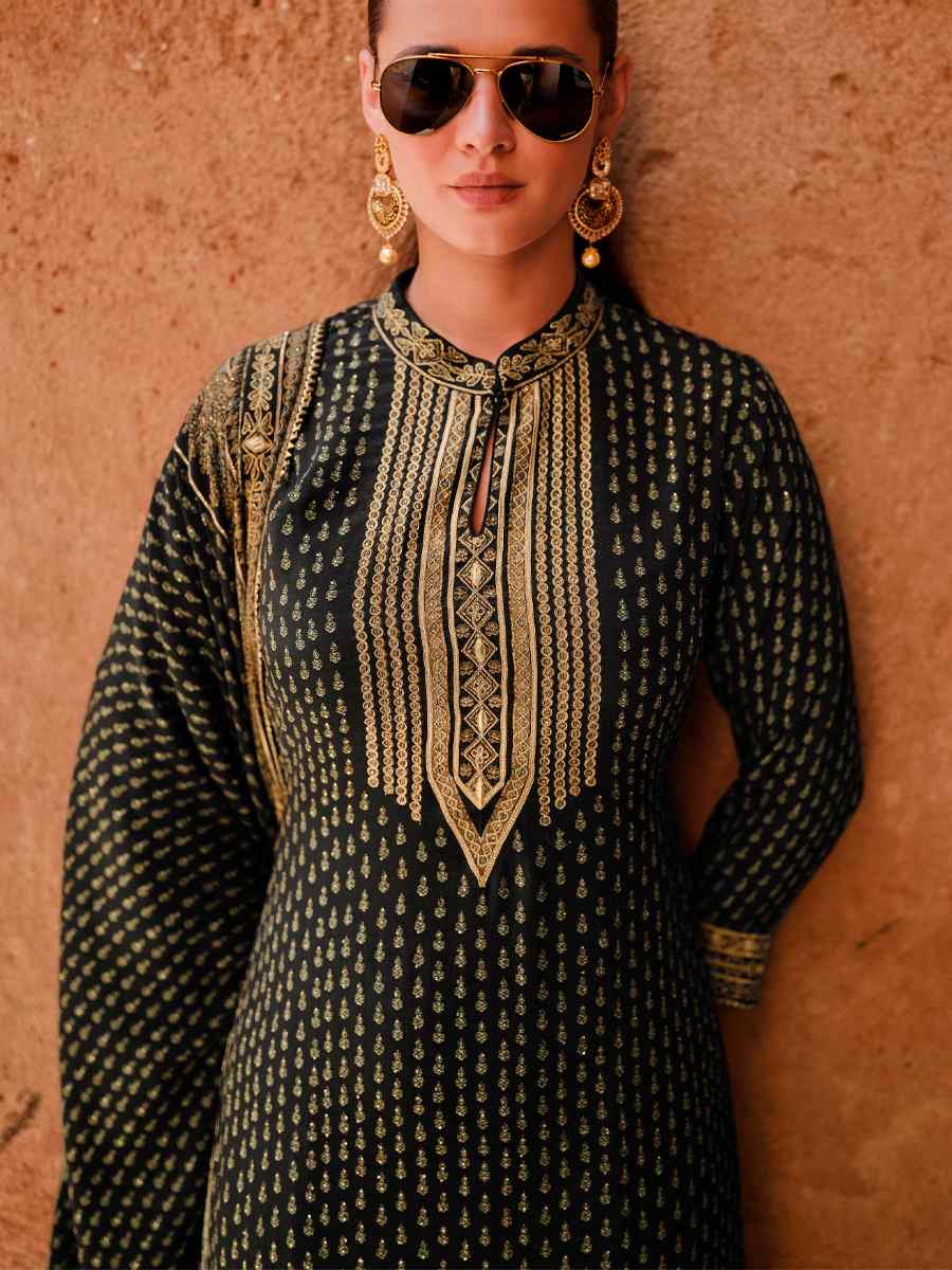 Black Crepe Embroidered Party Wedding Ready Sharara Pant Salwar Kameez