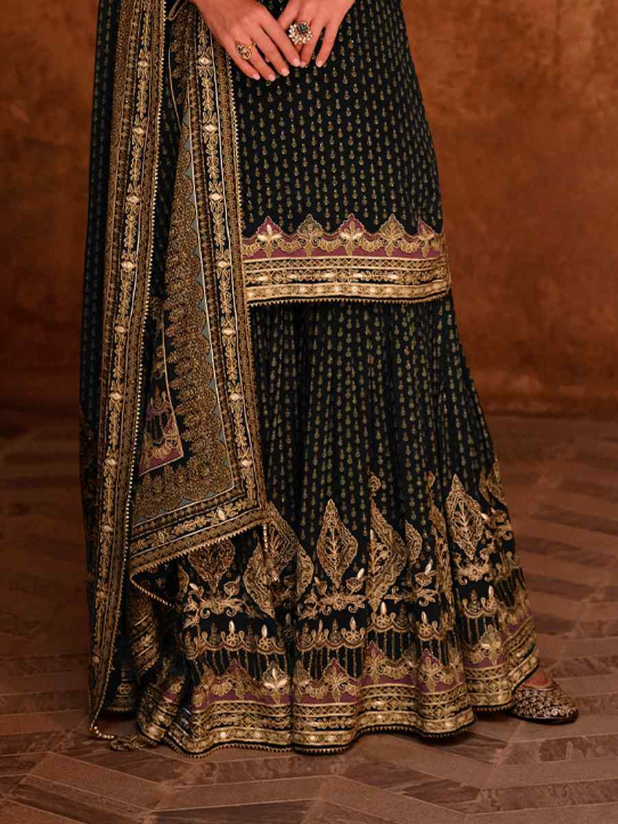Black Crepe Embroidered Party Wedding Ready Sharara Pant Salwar Kameez
