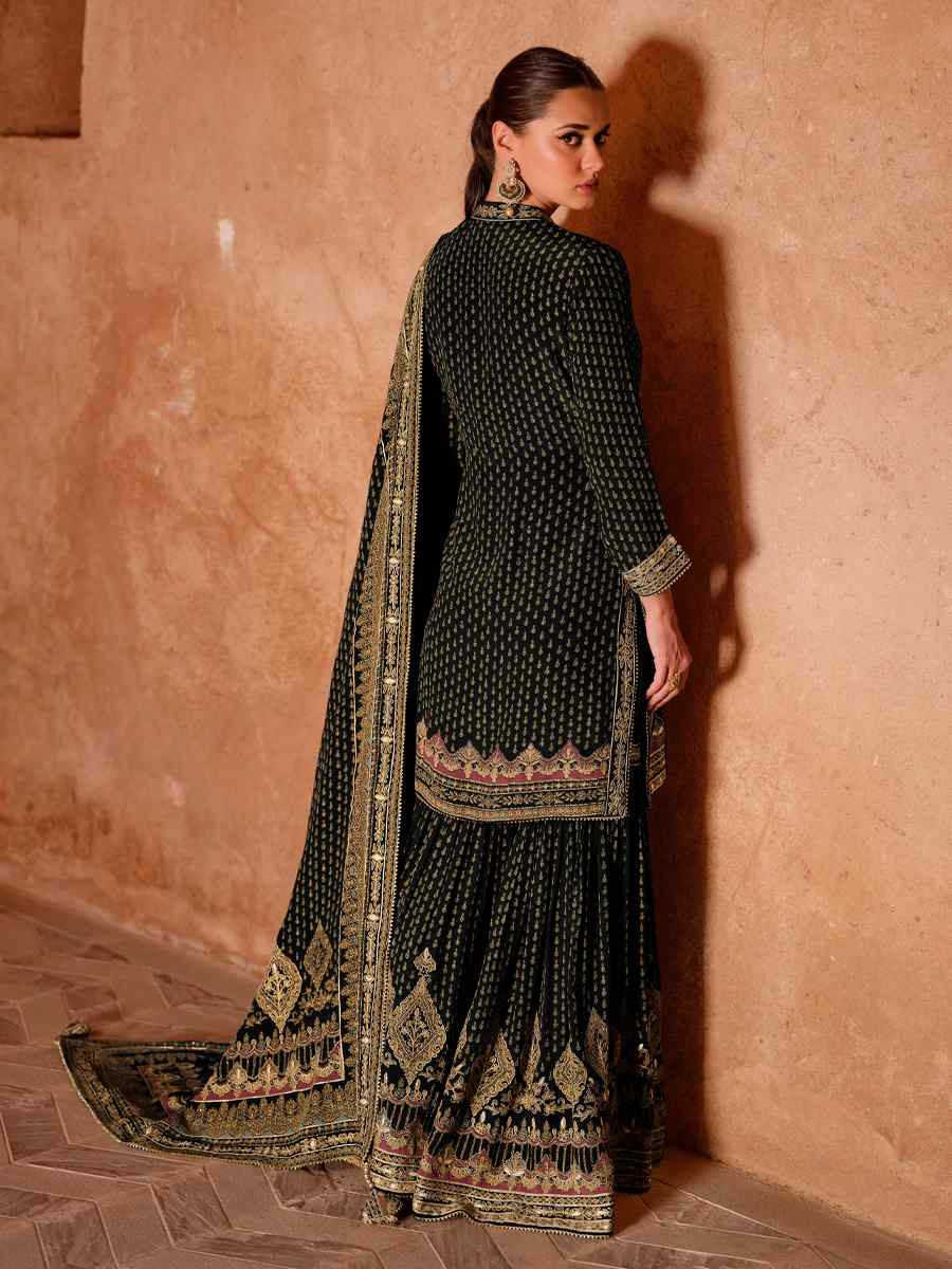 Black Crepe Embroidered Party Wedding Ready Sharara Pant Salwar Kameez