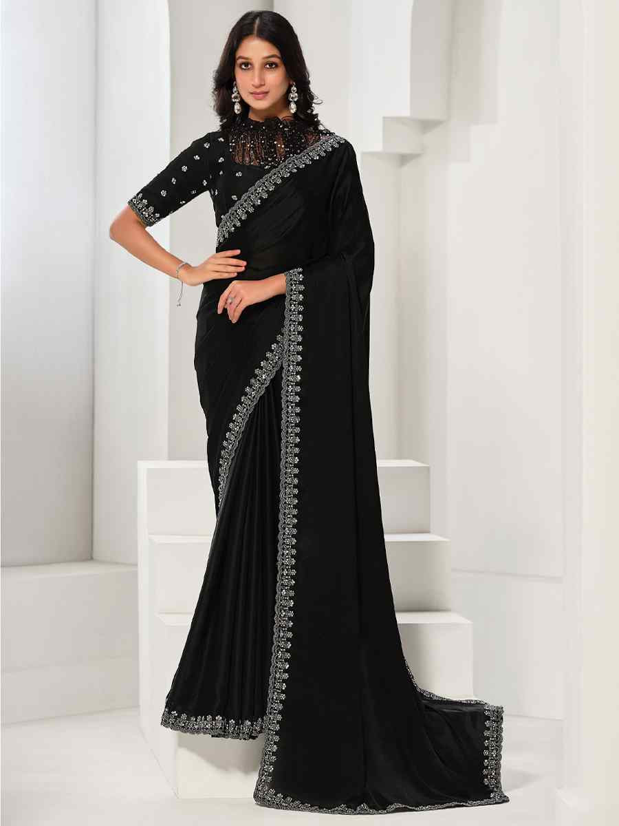 Black Crepe Satin Silk Embroidered Festival Wedding Fancy Heavy Border Saree
