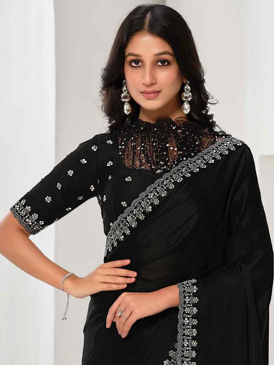 Black Crepe Satin Silk Embroidered Festival Wedding Fancy Heavy Border Saree