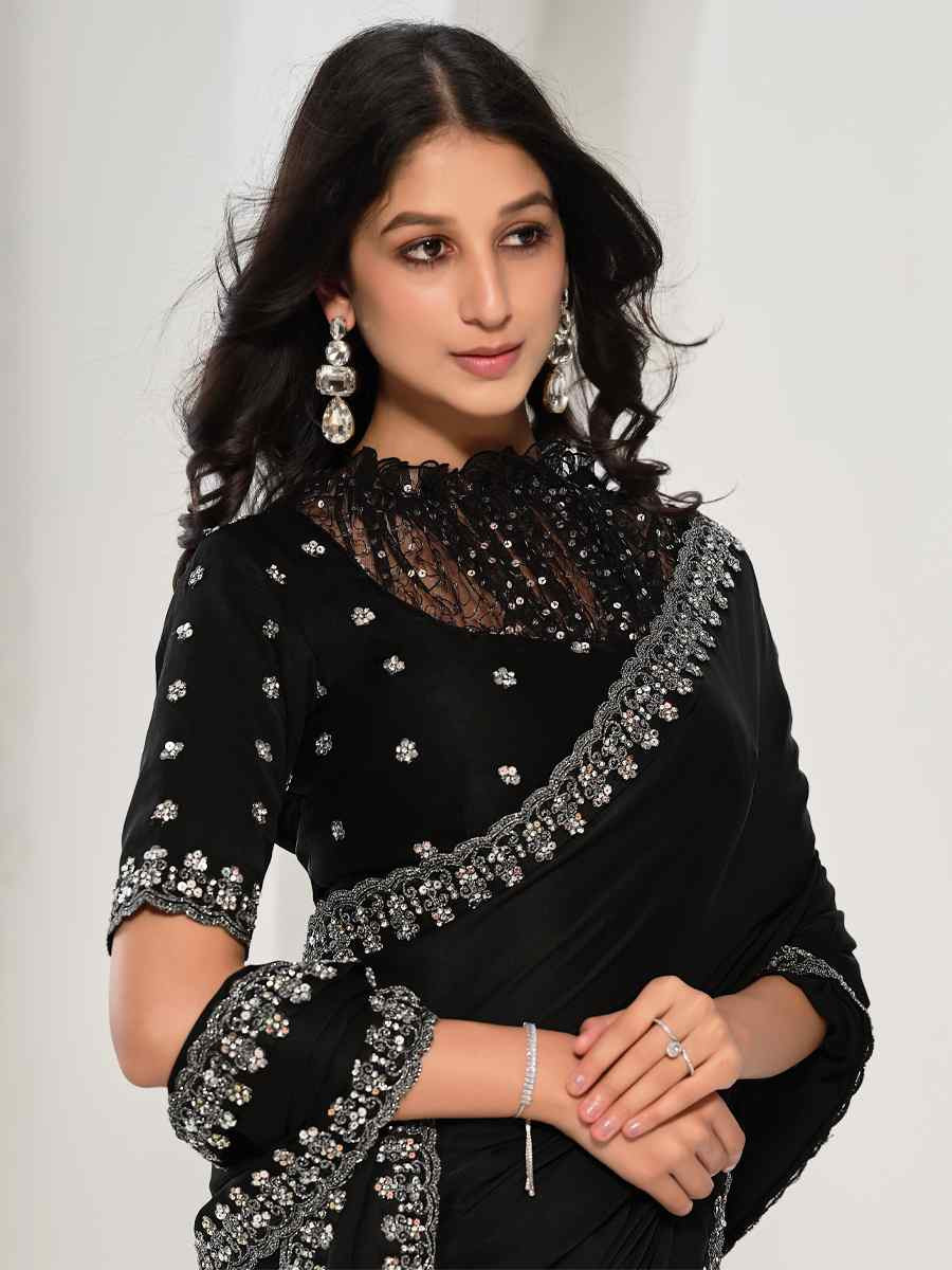 Black Crepe Satin Silk Embroidered Festival Wedding Fancy Heavy Border Saree