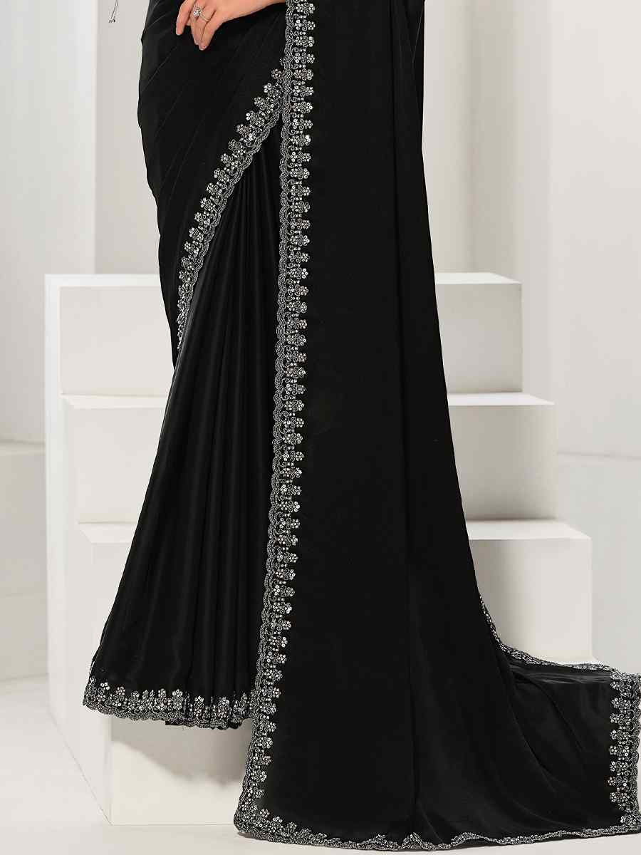 Black Crepe Satin Silk Embroidered Festival Wedding Fancy Heavy Border Saree