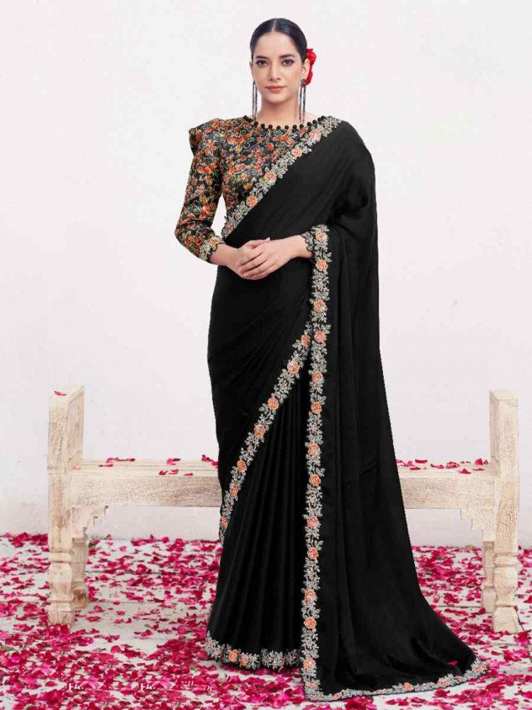 Image of Black Crepe Satin Silk Embroidery Festival Wedding Fancy Classic Heavy Border Saree